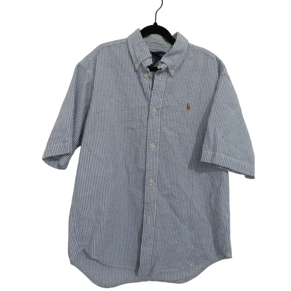 Ralph Lauren Boys Sz 12/14 Blue Striipe Short Sleeve Oxford Shirt Preppy